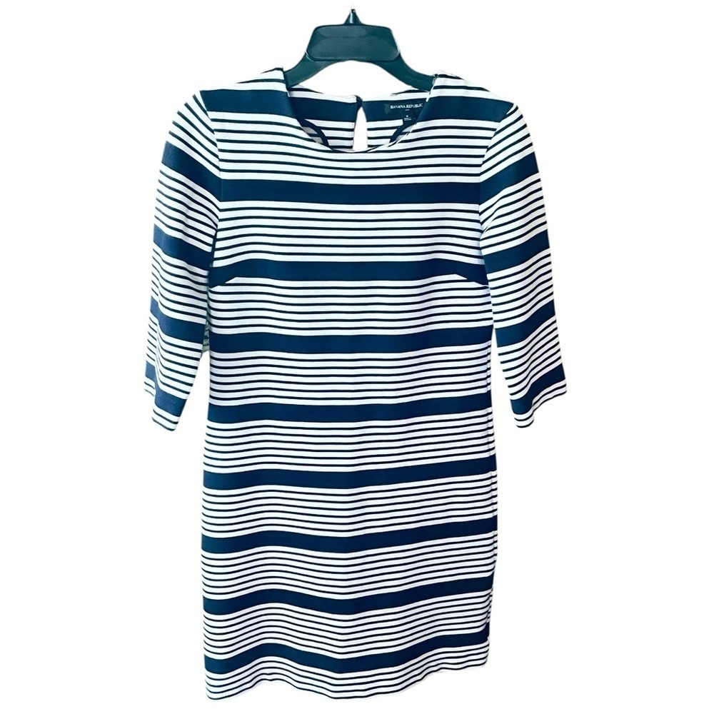 Banana Republic Factory 3/4 sleeve striped stretch dress 6 navy blue white